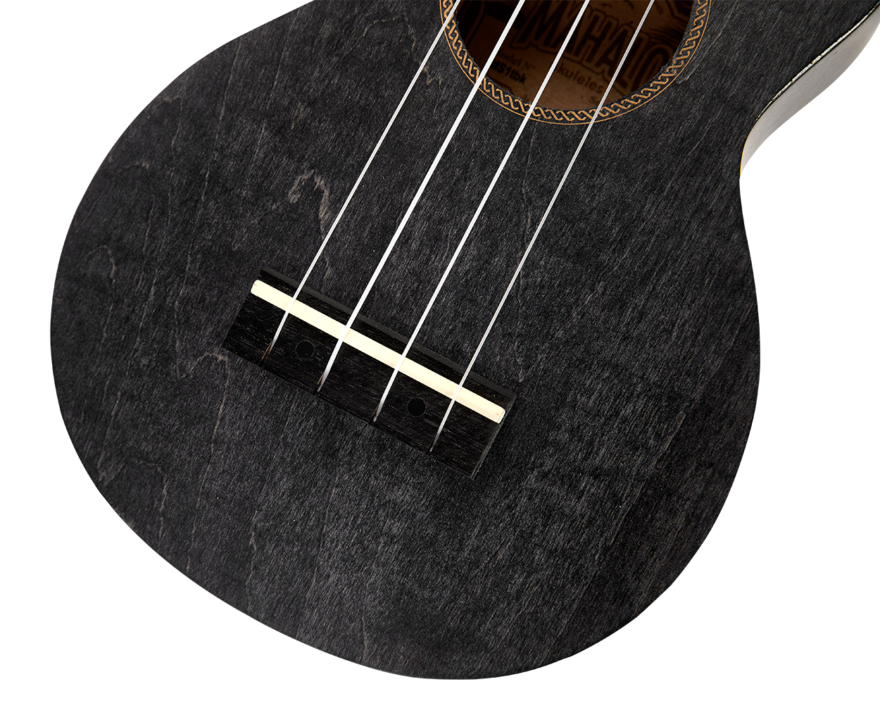 Mahalo MS1TBK Slimline Ukulele in transparent black, close-up of bridge and body detail, showcasing sleek design and finish.
