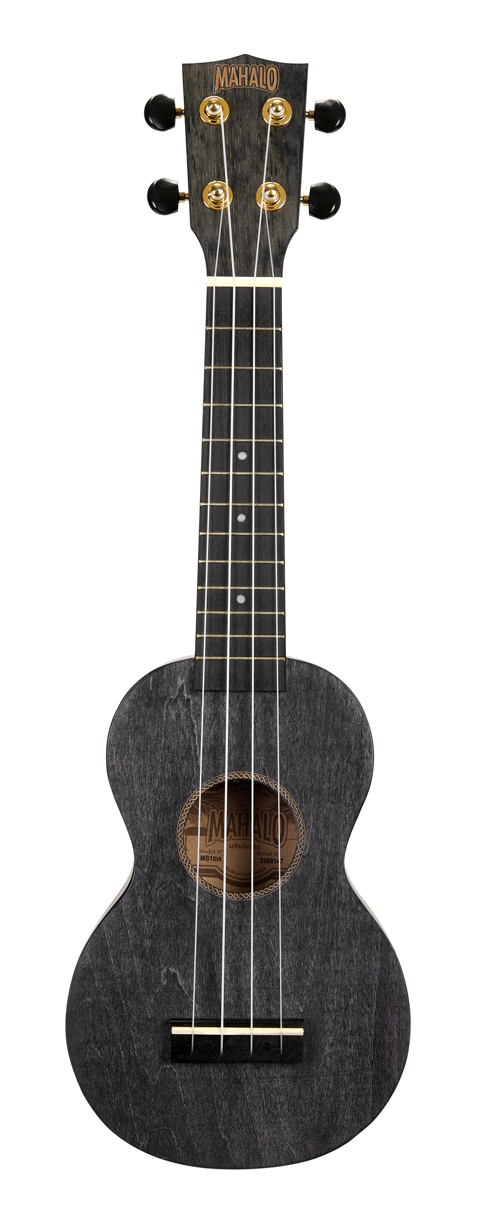 Mahalo MS1TBK Slimline ukulele in transparent black, front view showing sleek body and tuning pegs, part of ukules & accessories collection.