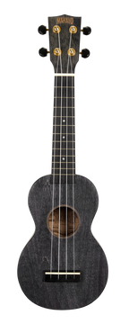 Mahalo MS1TBK Slimline ukulele in transparent black, front view showing sleek body and tuning pegs, part of ukules & accessories collection.