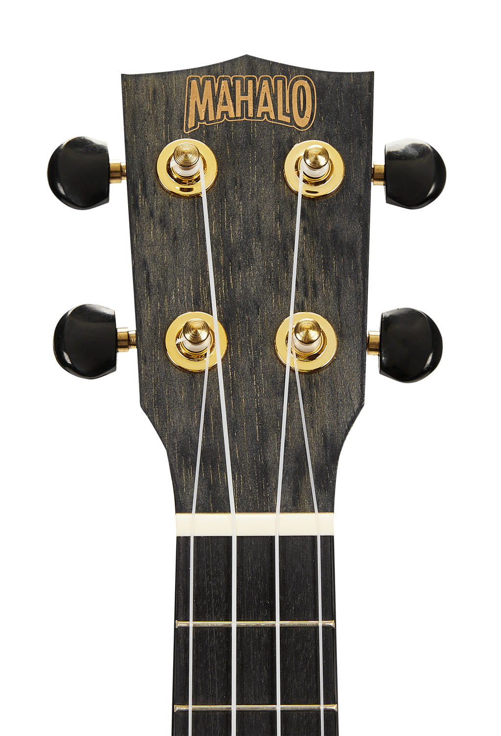 Mahalo MS1TBK Slimline ukulele headstock in transparent black with tuning pegs and branding details.