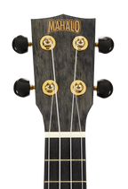 Mahalo MS1TBK Slimline ukulele headstock in transparent black with tuning pegs and branding details.