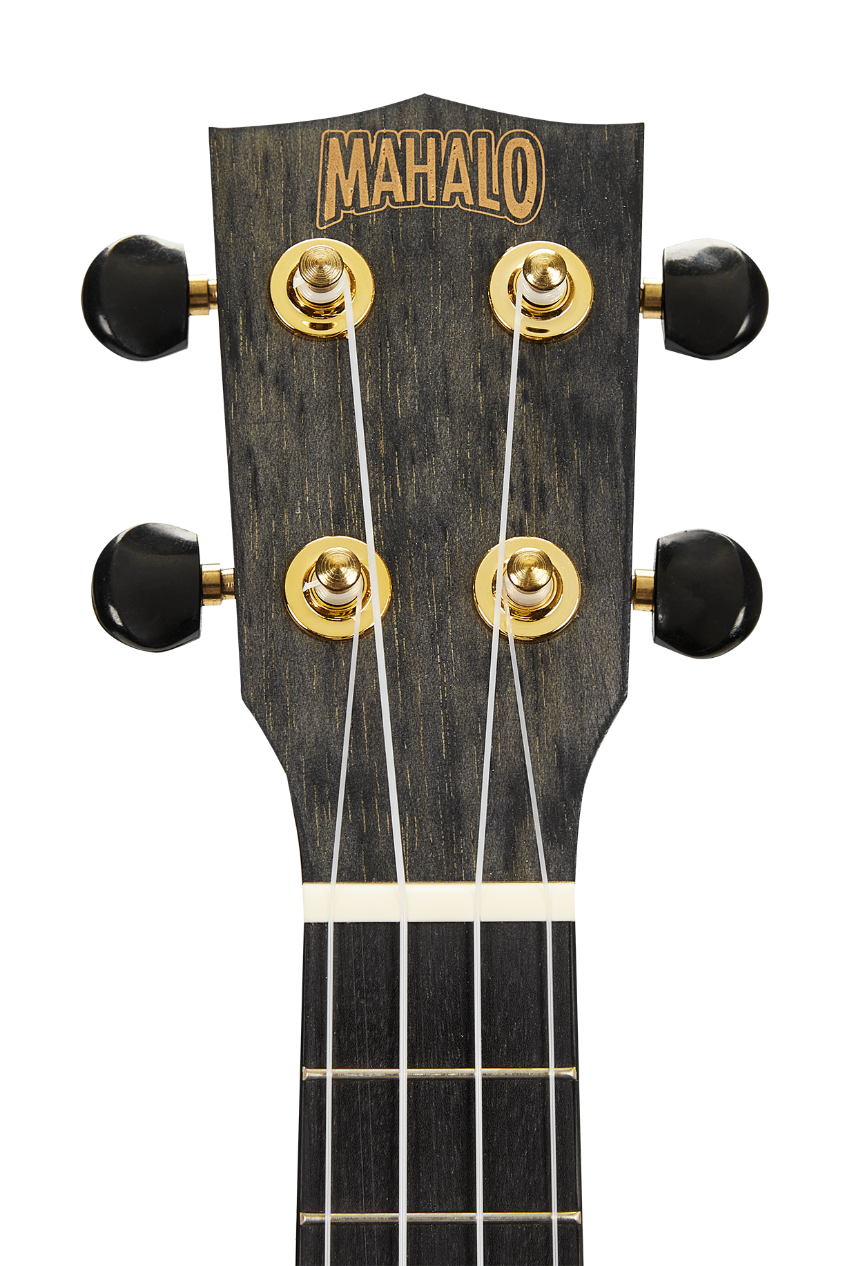 Mahalo MS1TBK Slimline ukulele headstock in transparent black with tuning pegs and branding details.