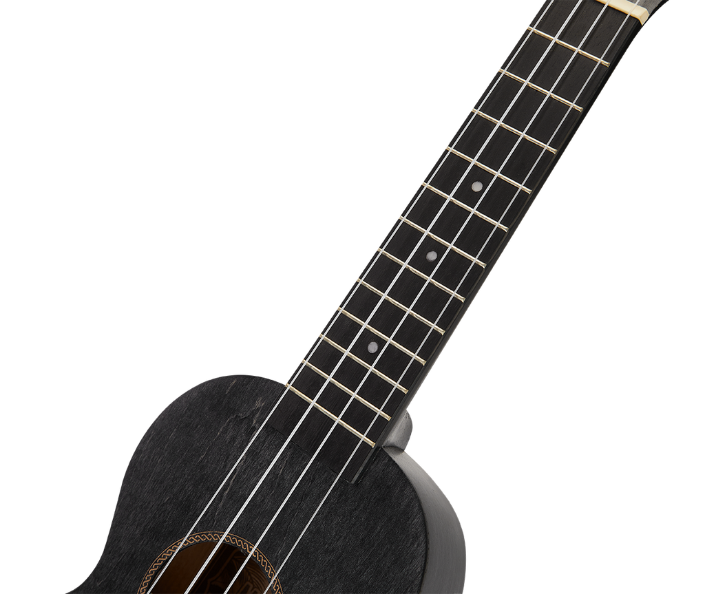 Mahalo MS1TBK Slimline ukulele in transparent black, showing the neck and body of this compact, stylish ukulele.