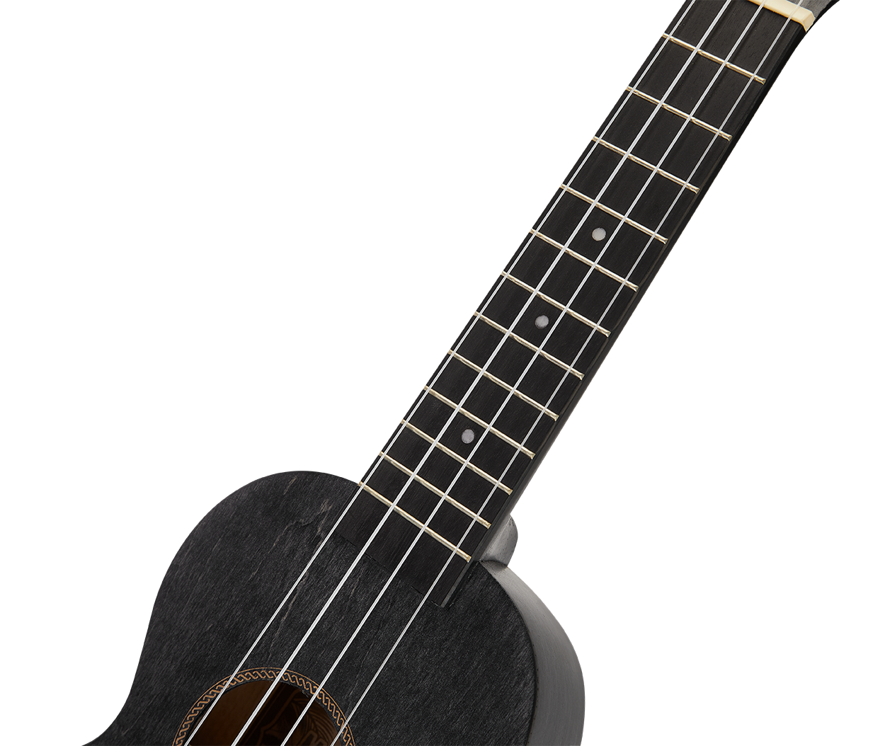 Mahalo MS1TBK Slimline ukulele in transparent black, showing the neck and body of this compact, stylish ukulele.