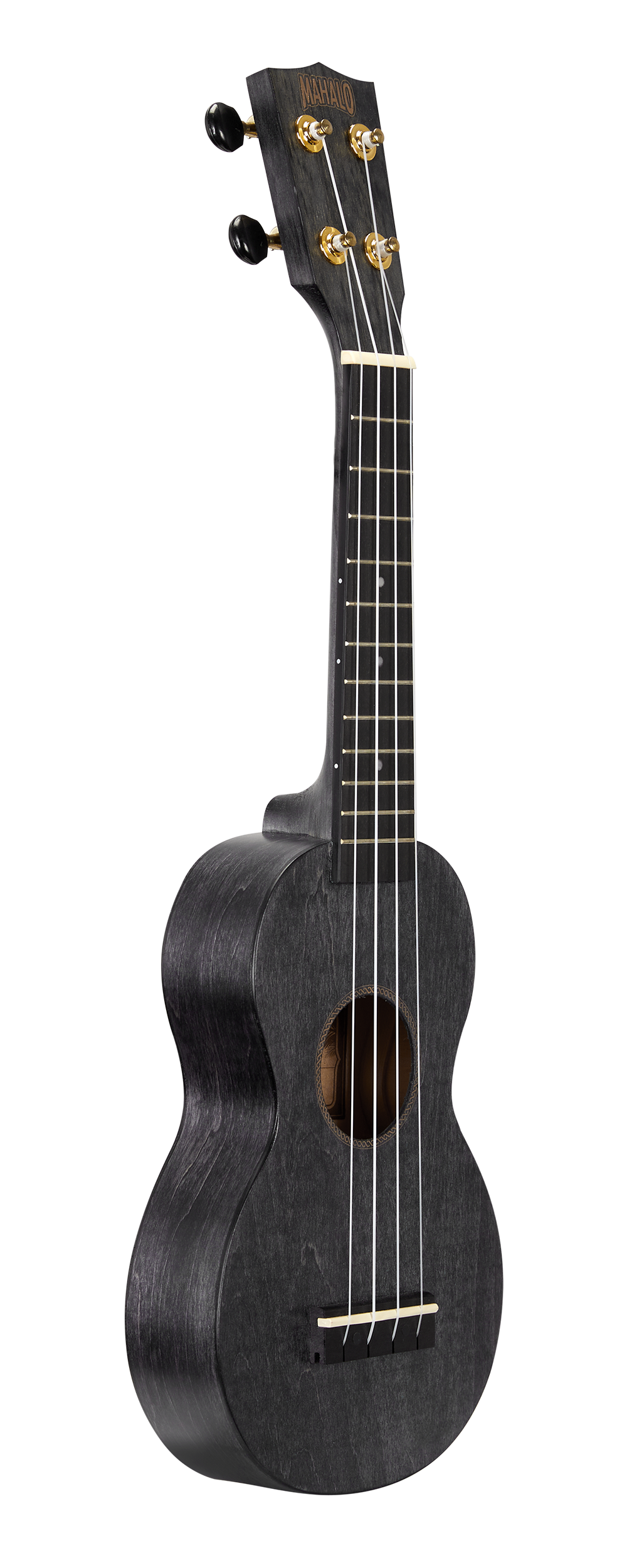 Mahalo MS1TBK Slimline black ukulele with transparent finish, shown from the right side, highlighting its sleek design and glossy surface.