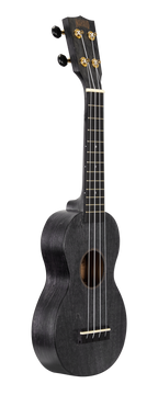 Mahalo MS1TBK Slimline black ukulele with transparent finish, shown from the right side, highlighting its sleek design and glossy surface.