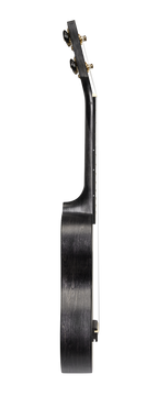 Mahalo MS1TBK Slimline ukulele in transparent black, side view showing sleek body and tuning pegs.