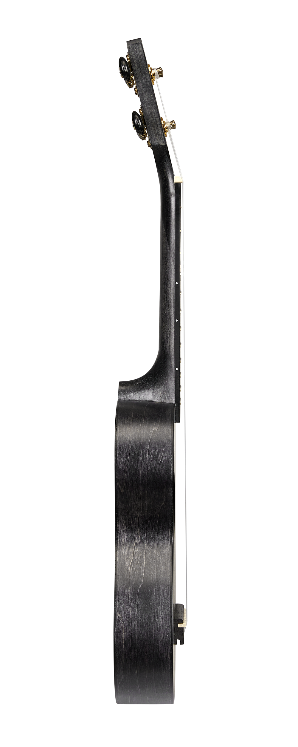 Mahalo MS1TBK Slimline ukulele in transparent black, side view showing sleek body and tuning pegs.