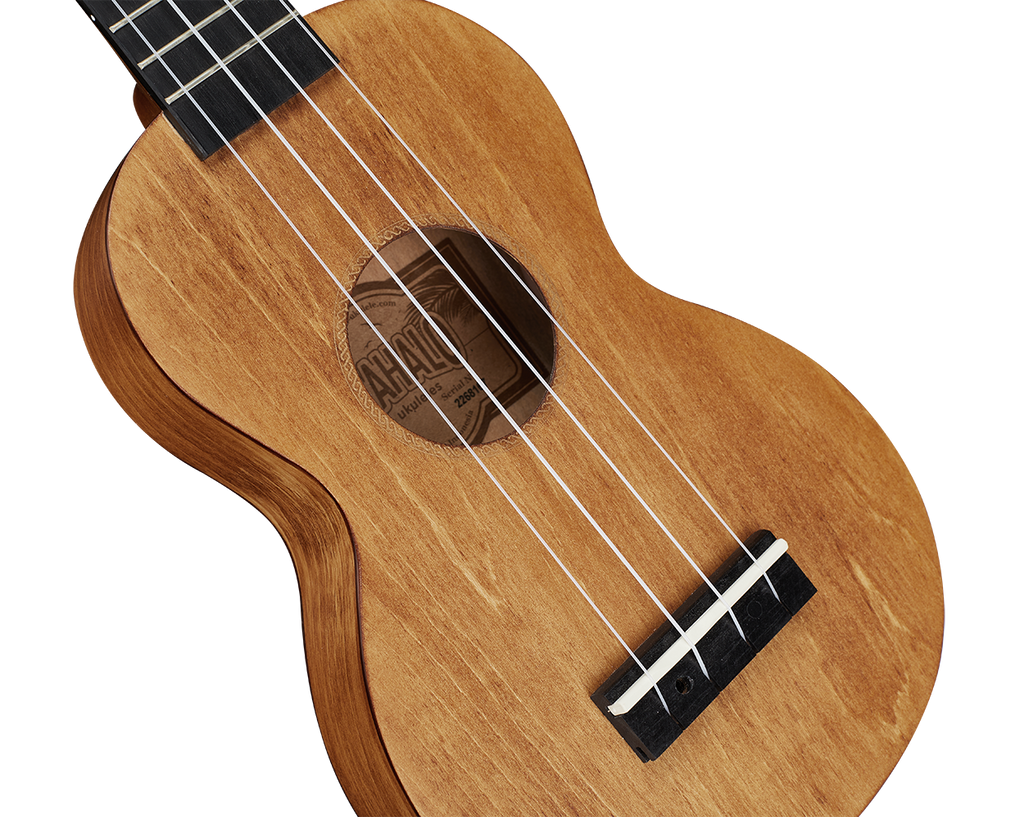 Mahalo MS1TBR Slimline ukulele with transparent brown finish, showing the body and neck in a close-up view.