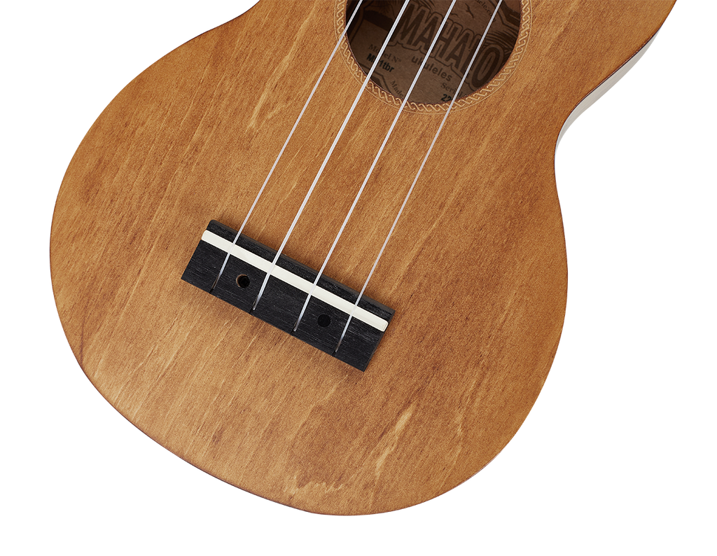 Mahalo MS1TBR Slimline ukulele in transparent brown with close-up of the bridge and strings, showcasing its sleek design and finish.