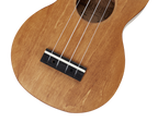 Mahalo MS1TBR Slimline ukulele in transparent brown with close-up of the bridge and strings, showcasing its sleek design and finish.