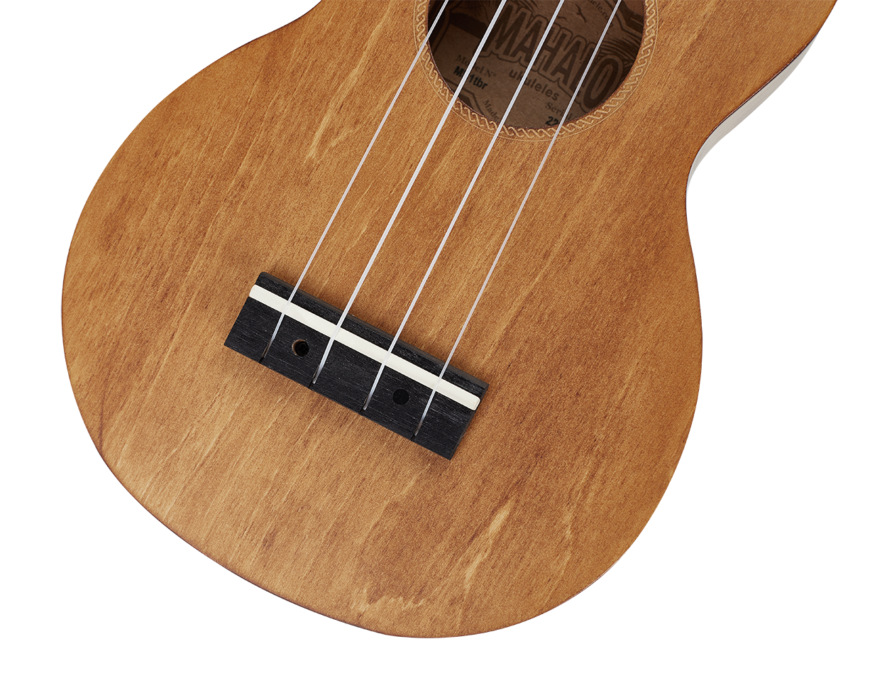 Mahalo MS1TBR Slimline ukulele in transparent brown with close-up of the bridge and strings, showcasing its sleek design and finish.