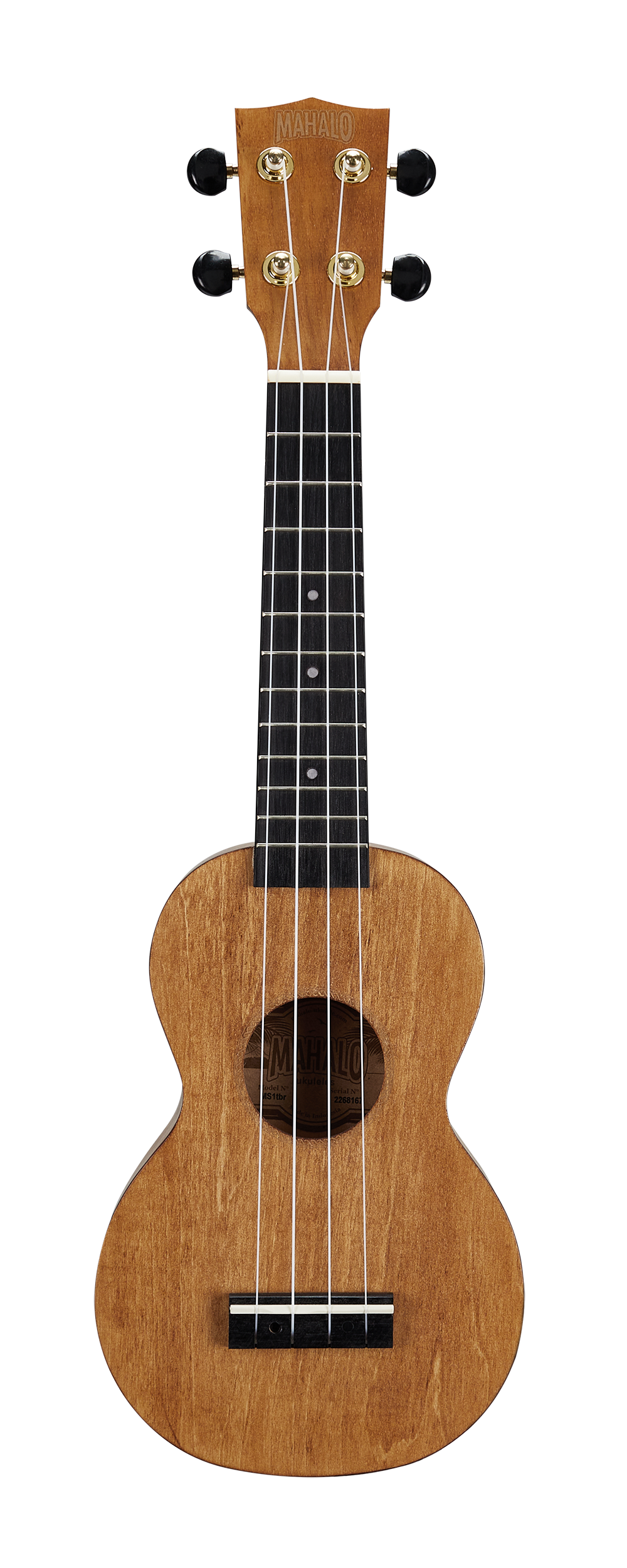 Mahalo MS1TBR Slimline ukulele in transparent brown, front view showing sleek body and wooden finish.