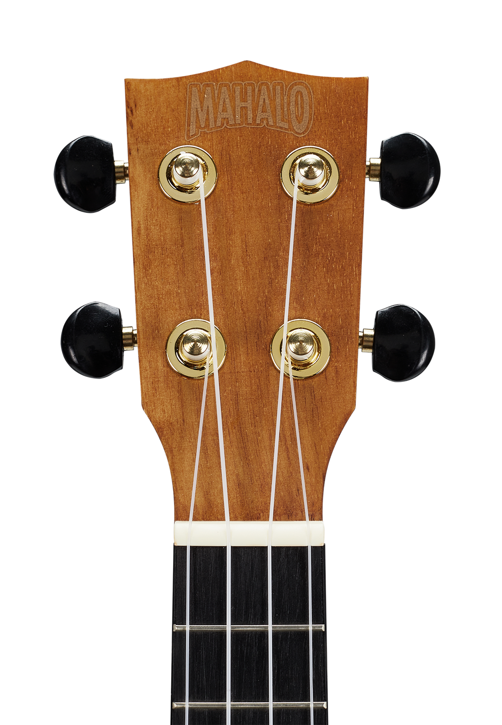 Mahalo MS1TBR Slimline ukulele headstock in transparent brown with tuning pegs and logo, showcasing the sleek design.