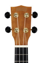 Mahalo MS1TBR Slimline ukulele headstock in transparent brown with tuning pegs and logo, showcasing the sleek design.