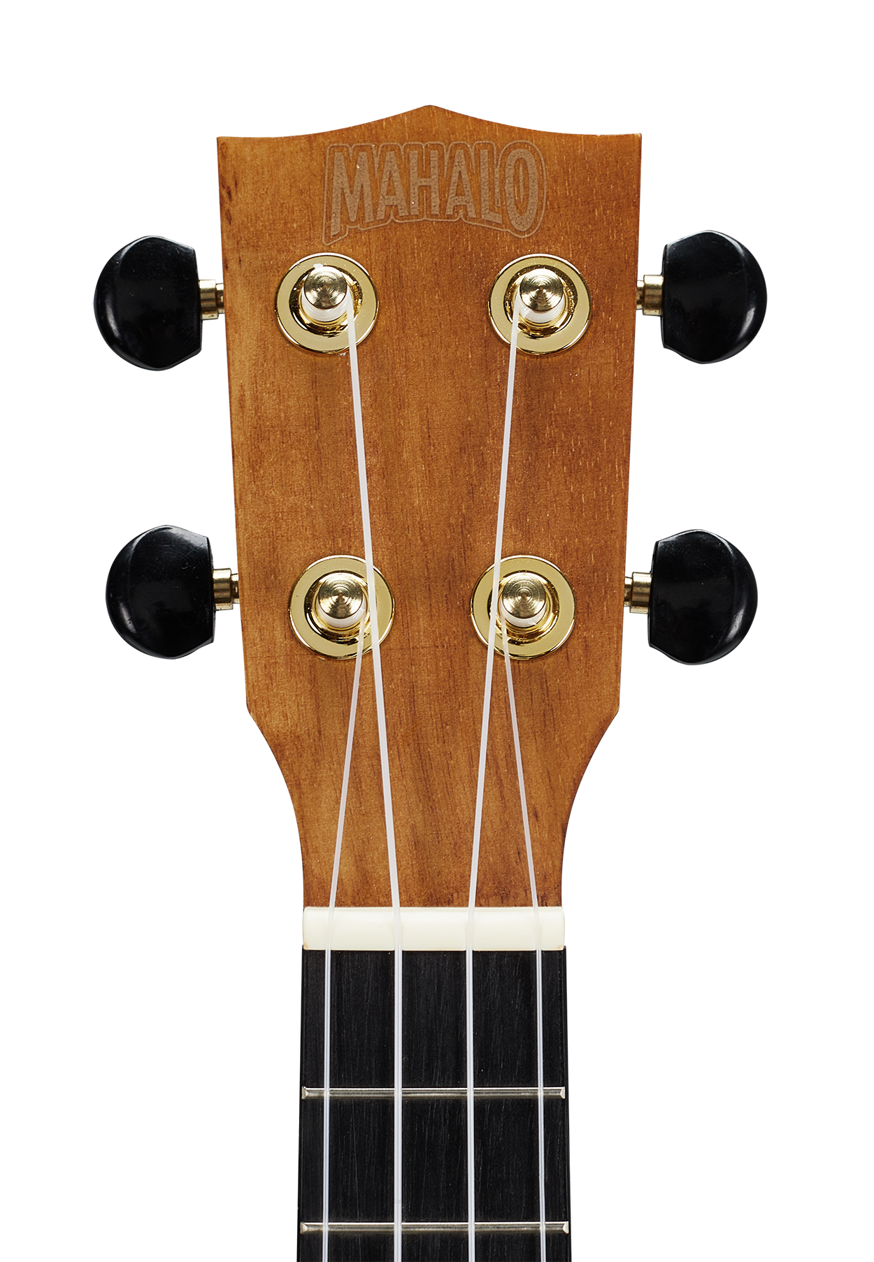 Mahalo MS1TBR Slimline ukulele headstock in transparent brown with tuning pegs and logo, showcasing the sleek design.