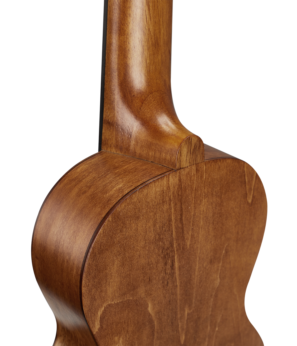 Mahalo MS1TBR Slimline Ukulele in transparent brown, close-up of neck and fretboard showing wood finish and tuning pegs.