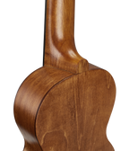 Mahalo MS1TBR Slimline Ukulele in transparent brown, close-up of neck and fretboard showing wood finish and tuning pegs.
