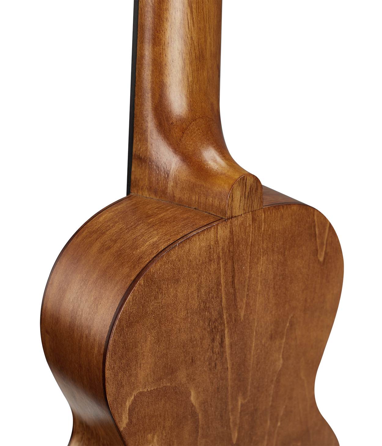 Mahalo MS1TBR Slimline Ukulele in transparent brown, close-up of neck and fretboard showing wood finish and tuning pegs.