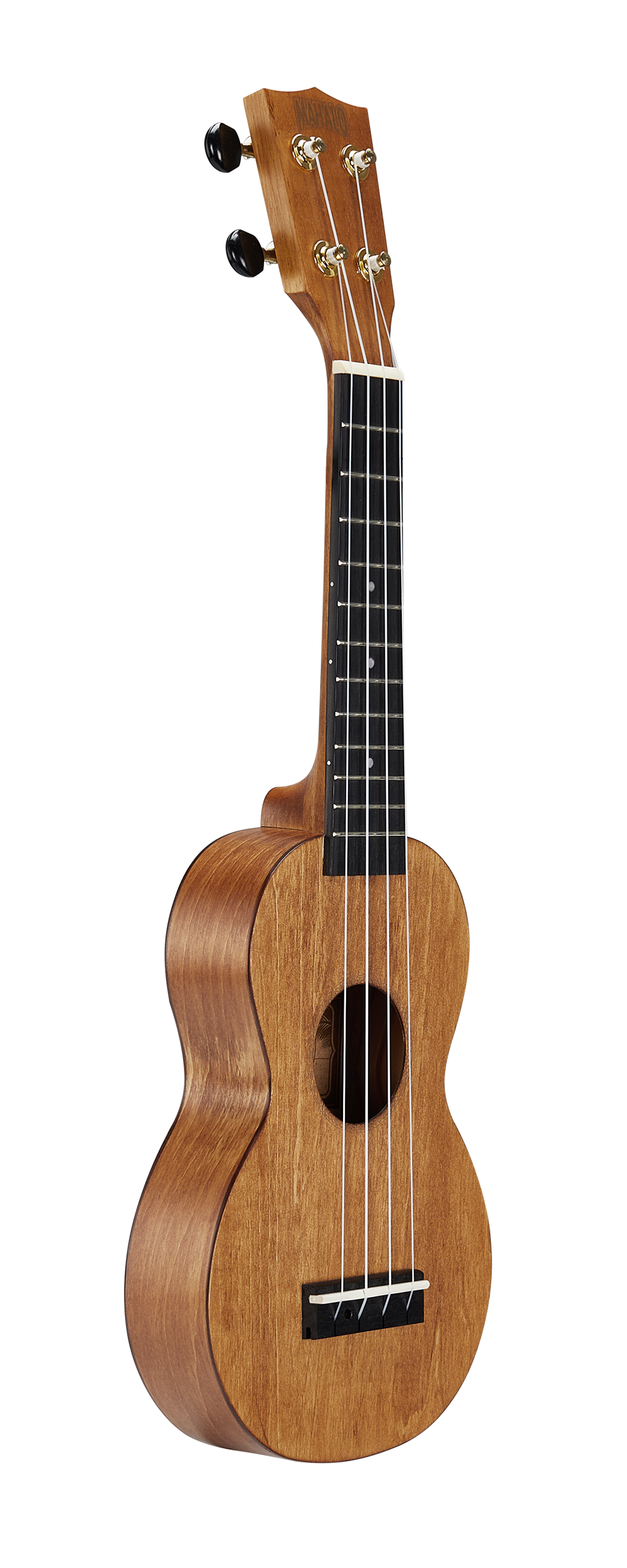 Mahalo MS1TBR Slimline ukulele in transparent brown, showing the body and fretboard from a side angle.
