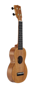 Mahalo MS1TBR Slimline ukulele in transparent brown, showing the body and fretboard from a side angle.