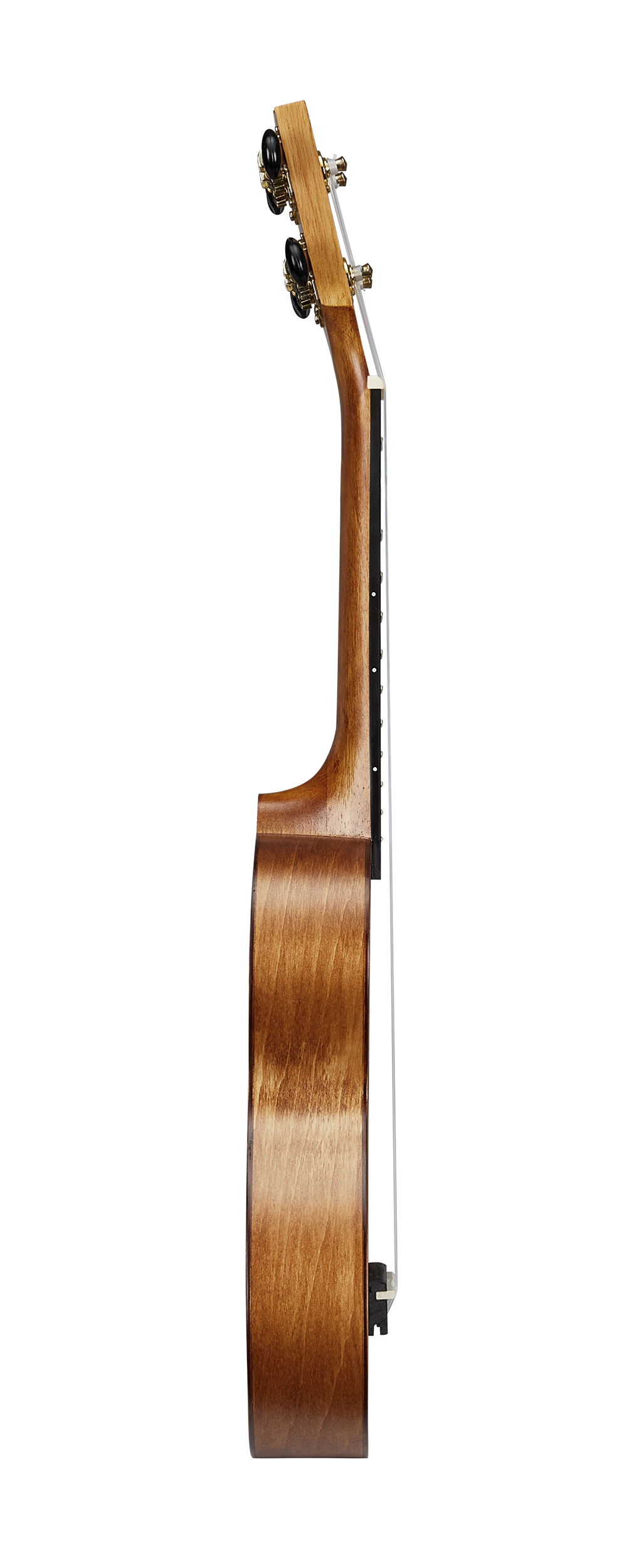 Mahalo MS1TBR Slimline ukulele in transparent brown, showing side view with smooth finish and compact design.