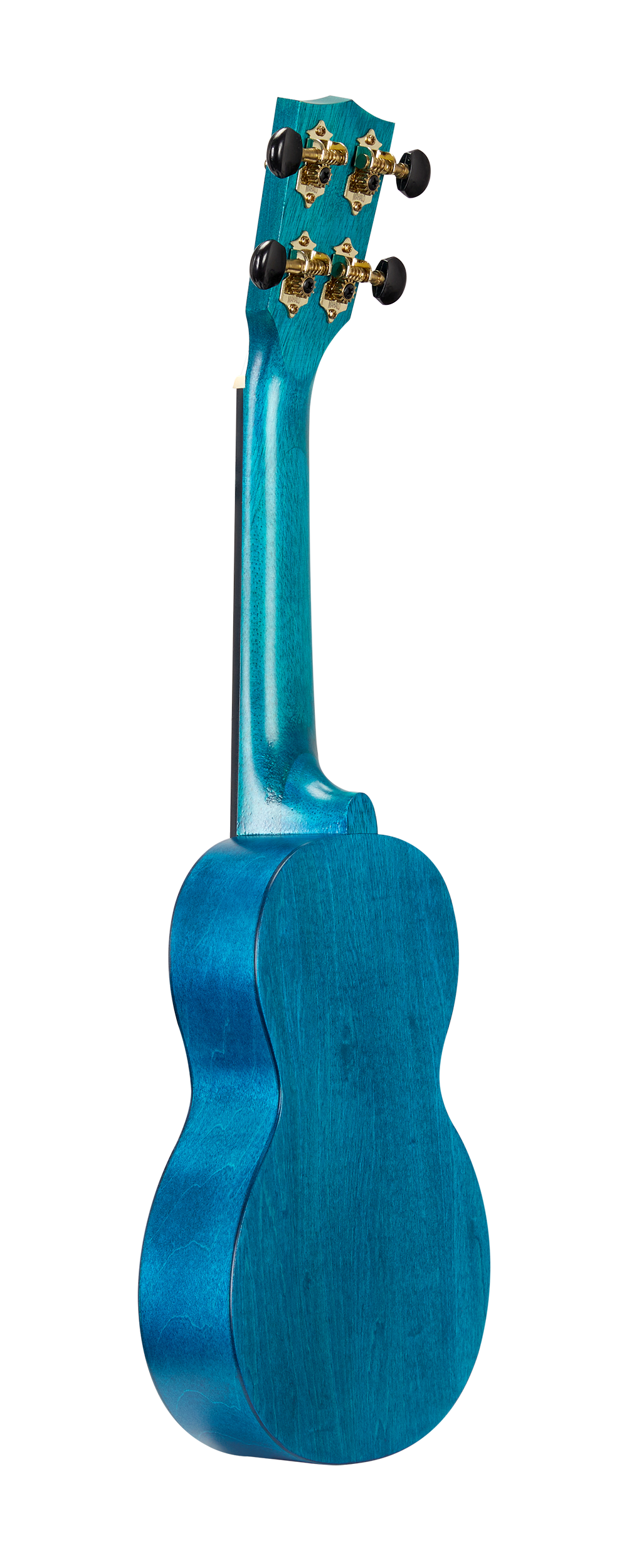 Mahalo MS1TBU Slimline ukulele in transparent blue, showing the back and side view of this colorful, compact string instrument.