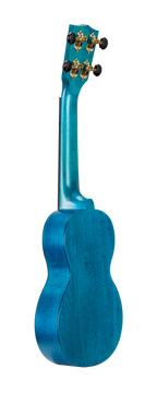 Mahalo MS1TBU Slimline ukulele in transparent blue, showing the back and side view of this colorful, compact string instrument.