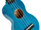 Mahalo MS1TBU Slimline ukulele with transparent blue body, showing the sleek design and wood grain details.