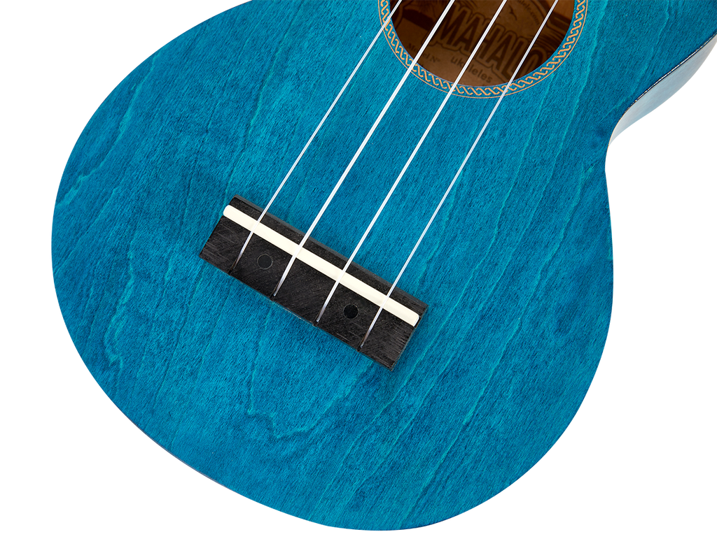 Mahalo MS1TBU Slimline transparent blue ukulele showing the bridge and body with a glossy finish.