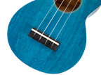 Mahalo MS1TBU Slimline transparent blue ukulele showing the bridge and body with a glossy finish.