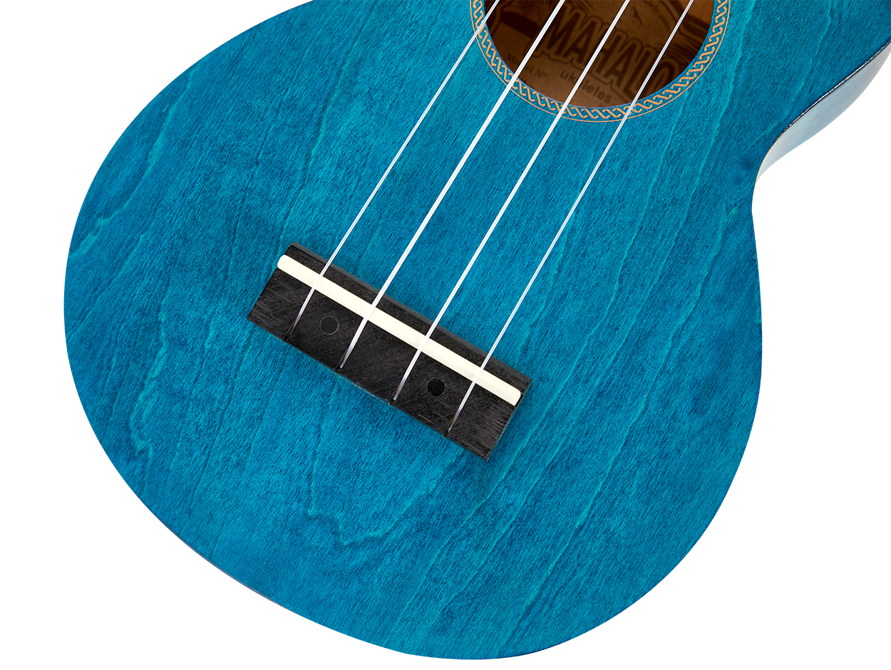 Mahalo MS1TBU Slimline transparent blue ukulele showing the bridge and body with a glossy finish.