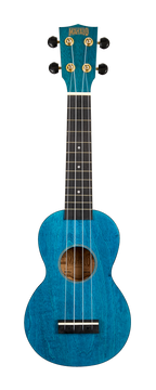 Mahalo MS1TBU Slimline ukulele in transparent blue, front view showing its sleek design and vibrant color.