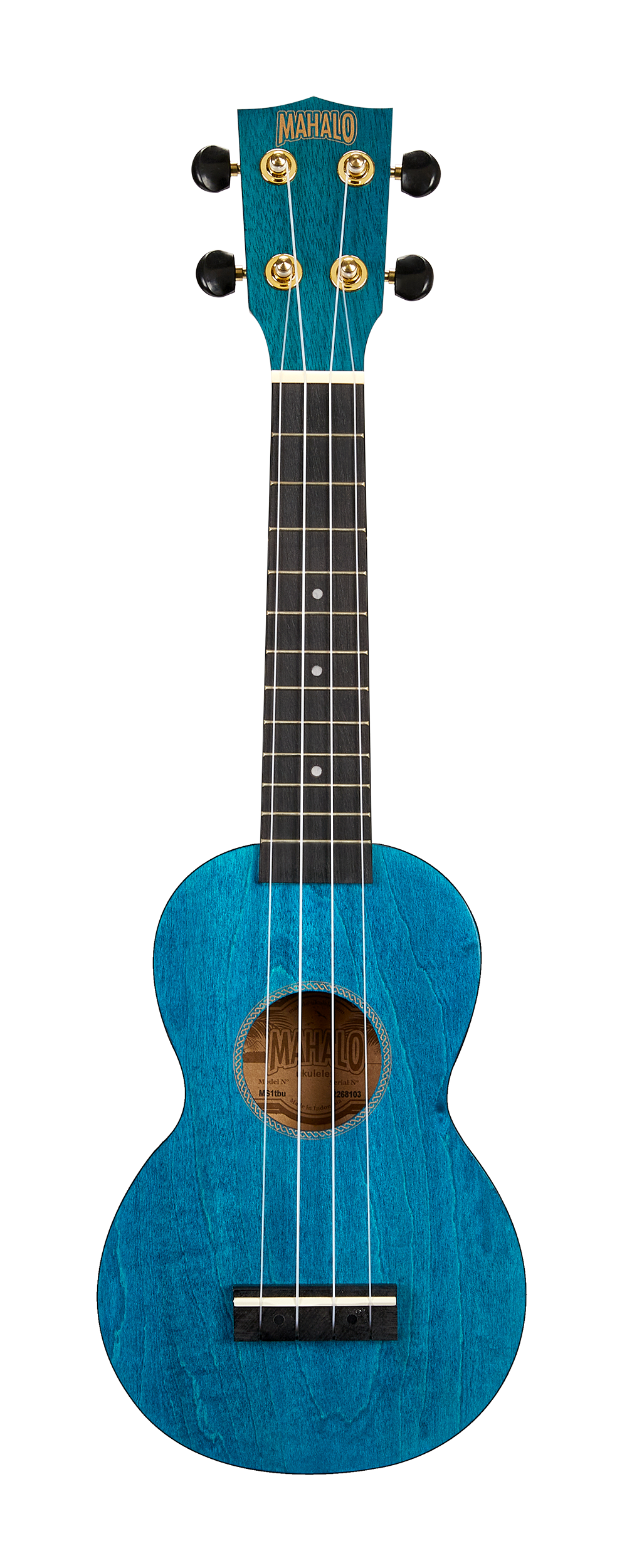 Mahalo MS1TBU Slimline ukulele in transparent blue, front view showing its sleek design and vibrant color.