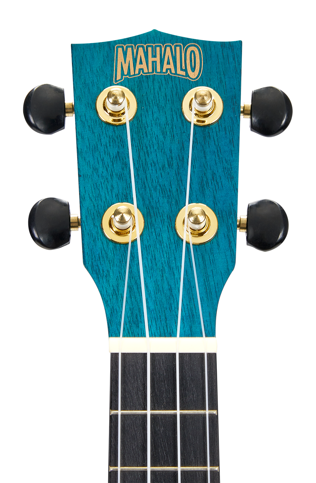 Mahalo MS1TBU Slimline ukulele headstock in transparent blue with tuning pegs and branding visible.