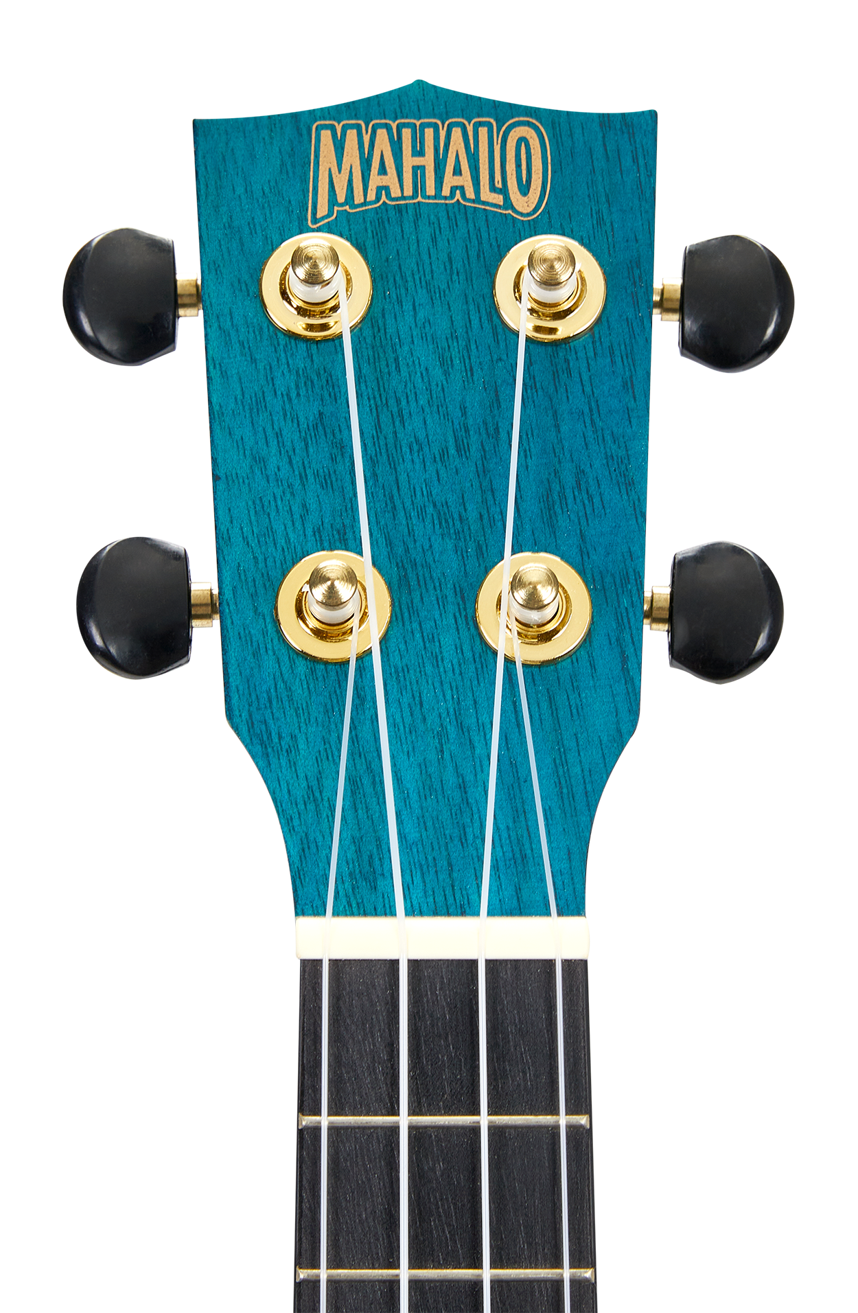 Mahalo MS1TBU Slimline ukulele headstock in transparent blue with tuning pegs and branding visible.