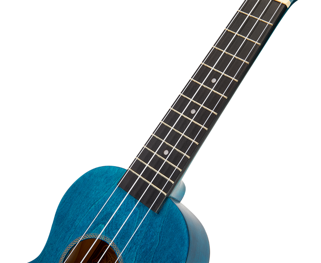 Mahalo MS1TBU Slimline ukulele in transparent blue, showing the neck, fretboard, and body detail of this compact string instrument.