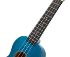 Mahalo MS1TBU Slimline ukulele in transparent blue, showing the neck, fretboard, and body detail of this compact string instrument.