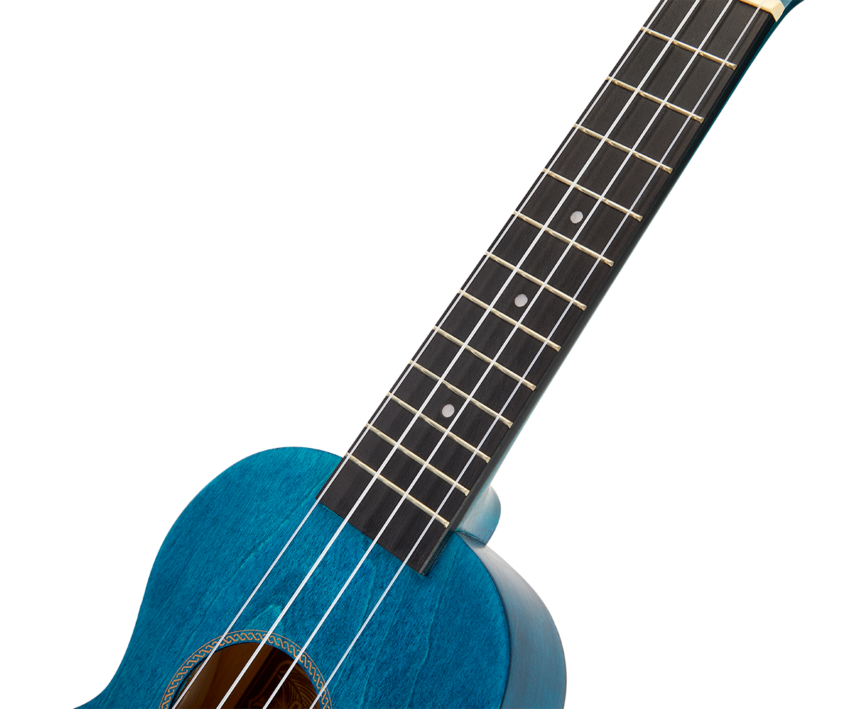 Mahalo MS1TBU Slimline ukulele in transparent blue, showing the neck, fretboard, and body detail of this compact string instrument.