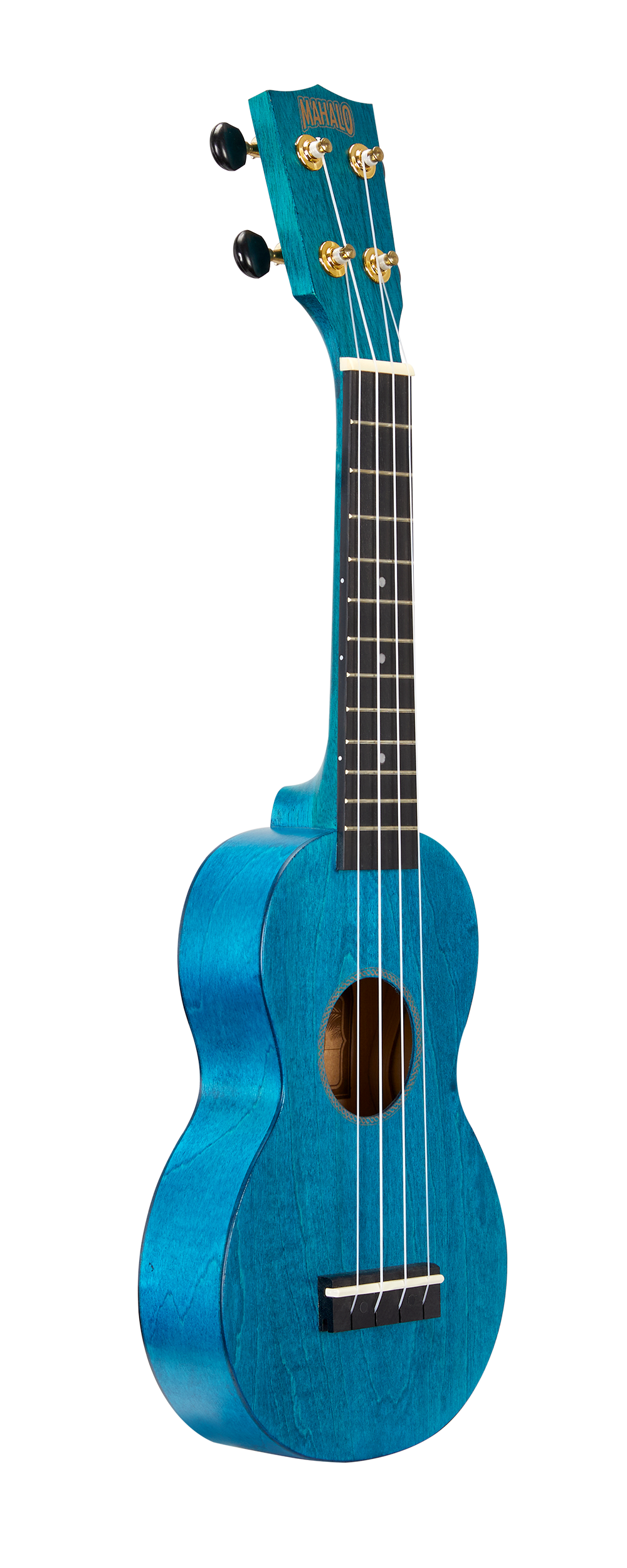 Mahalo MS1TBU Slimline ukulele in transparent blue, shown from the right side, highlighting its sleek design and vibrant color.