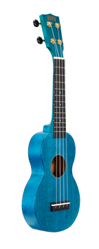 Mahalo MS1TBU Slimline ukulele in transparent blue, shown from the right side, highlighting its sleek design and vibrant color.
