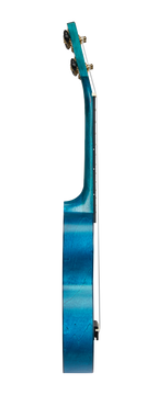 Mahalo MS1TBU slimline ukulele in transparent blue, side view showing its compact body and sleek design.