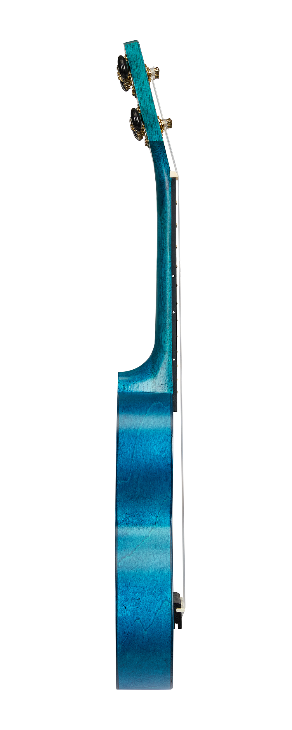 Mahalo MS1TBU slimline ukulele in transparent blue, side view showing its compact body and sleek design.