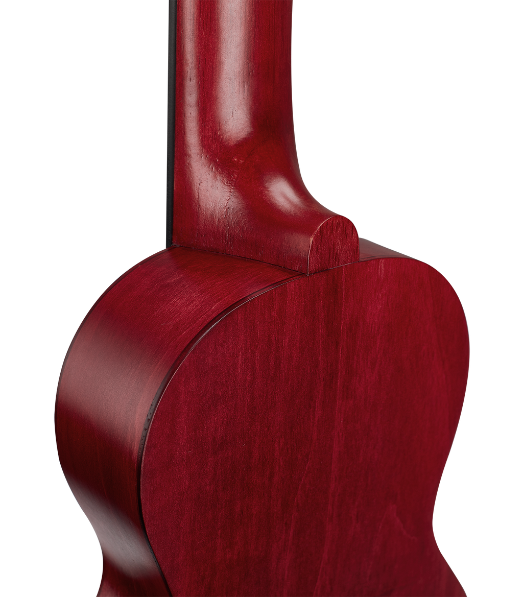 Mahalo MS1TRD slimline ukulele in transparent red, showing the back and side details of the lightweight, stylish instrument.