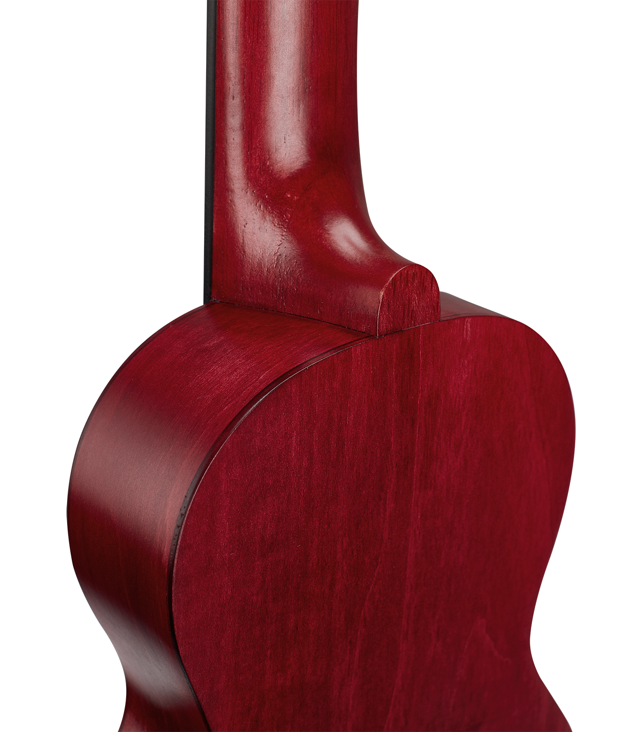 Mahalo MS1TRD slimline ukulele in transparent red, showing the back and side details of the lightweight, stylish instrument.