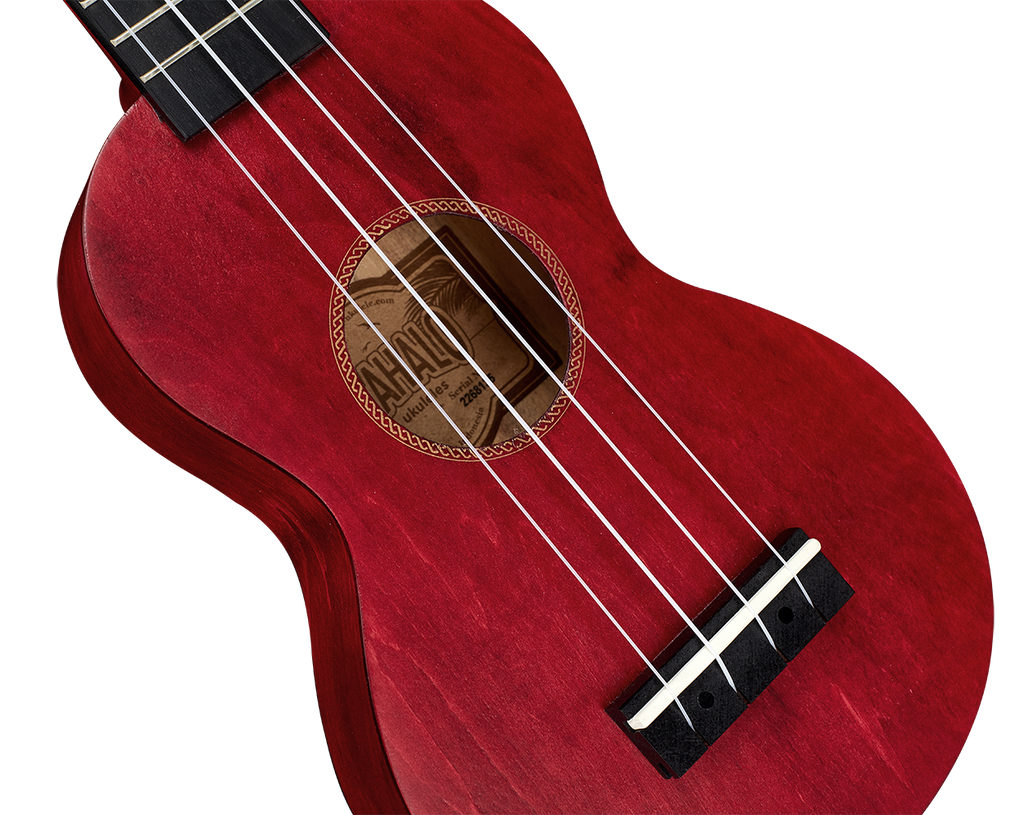Mahalo MS1TRD Slimline ukulele in transparent red with a glossy finish, showcasing its compact body and sleek design.