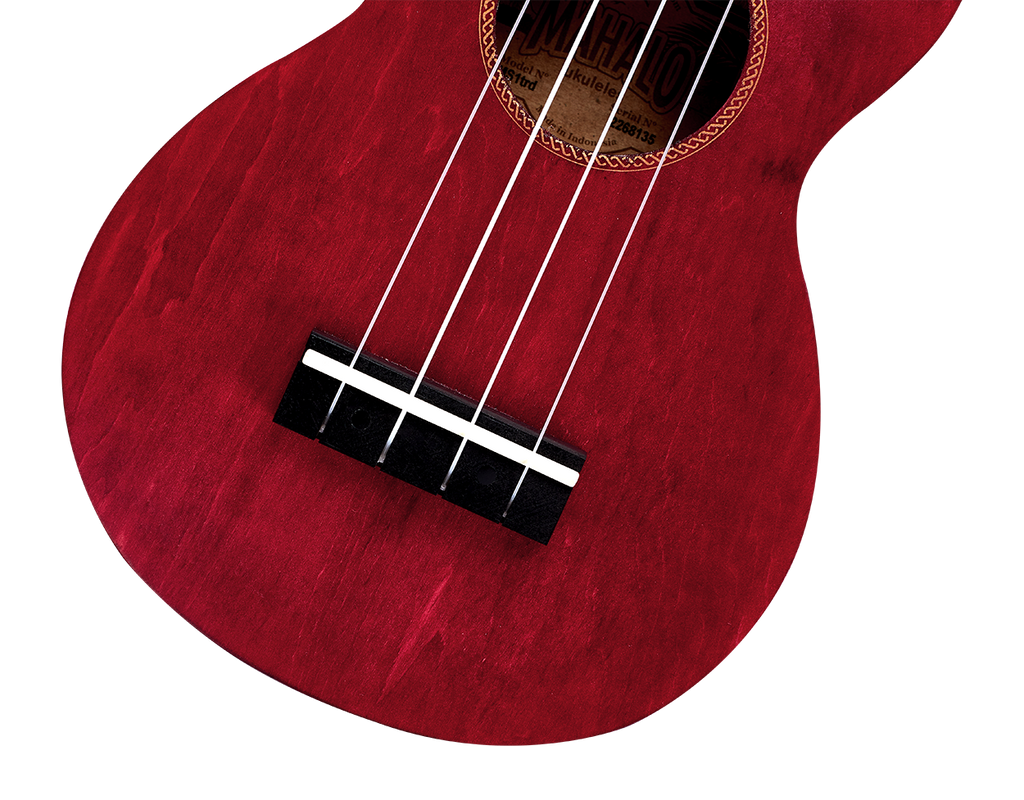 Mahalo MS1TRD Slimline ukulele in transparent red, showing the bridge and body detail of this compact, colorful ukulele.