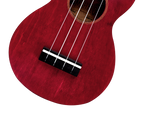 Mahalo MS1TRD Slimline ukulele in transparent red, showing the bridge and body detail of this compact, colorful ukulele.