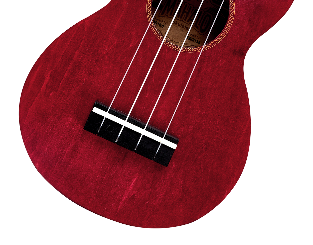 Mahalo MS1TRD Slimline ukulele in transparent red, showing the bridge and body detail of this compact, colorful ukulele.