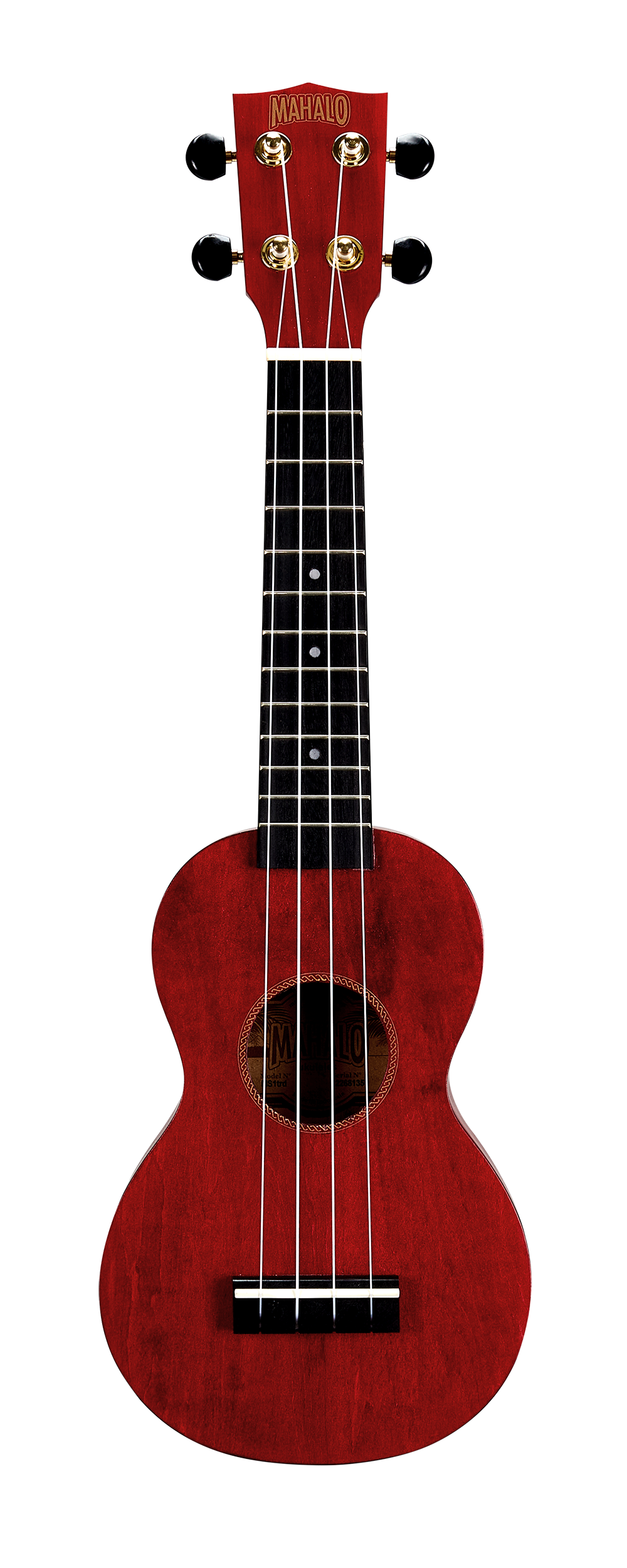 Mahalo MS1TRD Slimline red ukulele with transparent finish, front view showcasing the compact design and glossy red body.